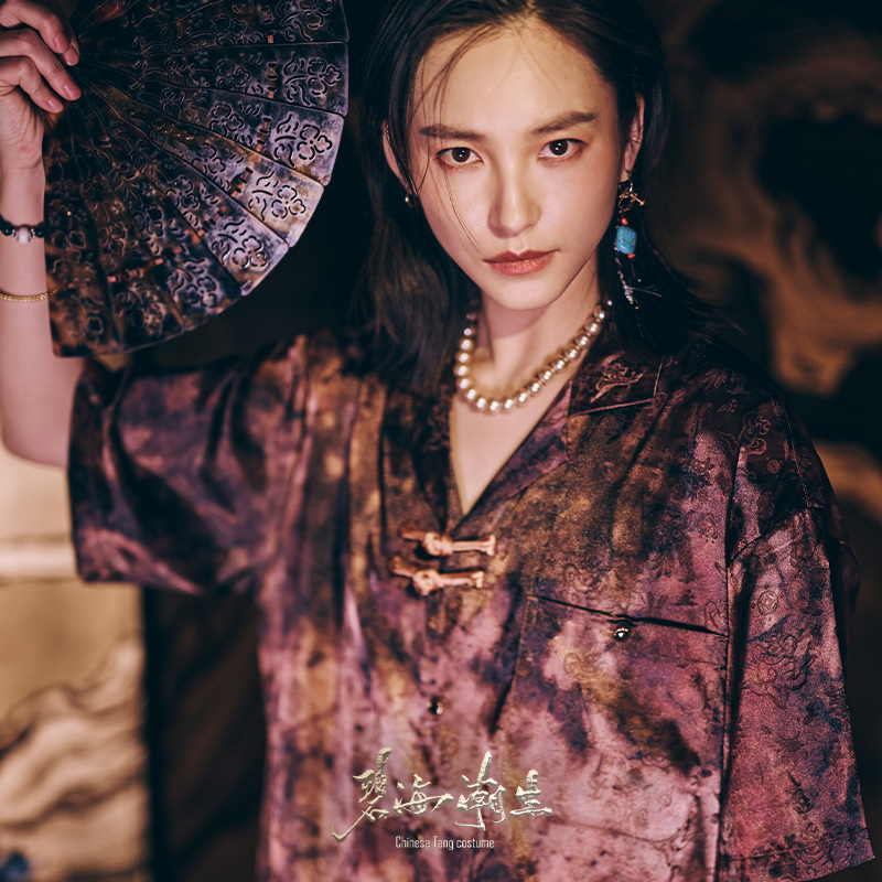 碧海潮生＜山海经昆仑＞新款中国风国潮提花丝绸印花休闲短袖衬衫