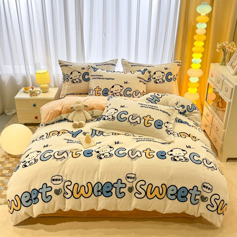 冬天加厚牛奶绒珊瑚床上四件套双面加绒保暖法兰绒被套床单三件套