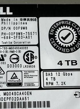 DELL/ 00F9W8 01MVTT MG04SCA40EN 4T SAS 3.5寸 7.2K 12G