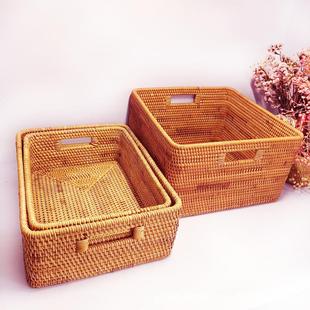 藤编零食筐家用编织水果篮拉手收纳筐桌面茶几方形卧室厨房衣橱框