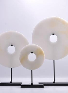 新中式样板房摆件现代家居软装饰品大理石平安扣玉扣入户玄关摆设