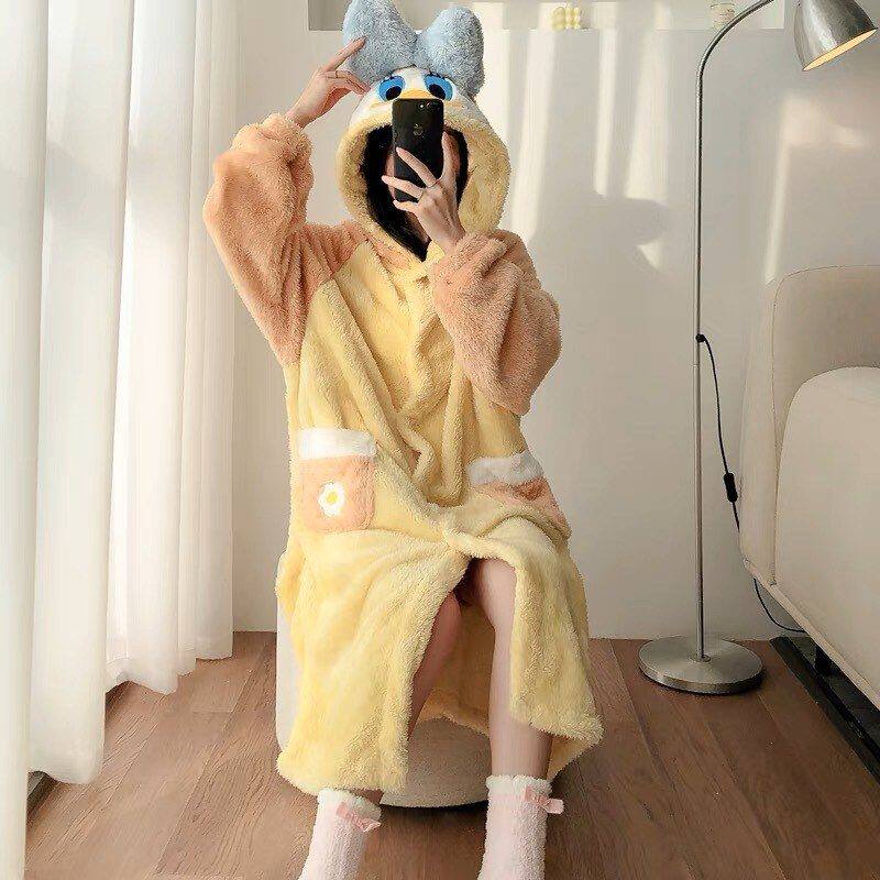 可爱少女睡衣女秋冬季珊瑚绒加绒加厚睡袍唐老鸭浴袍女冬季家居服