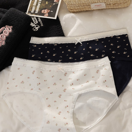 加长裆A类复古清新碎花纯棉内裤女中腰7A抗菌包臀少女三角裤透气