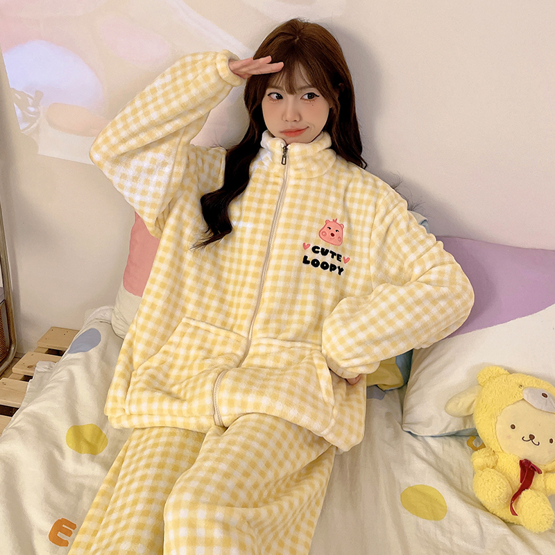 日系loopy珊瑚绒睡衣女秋冬甜美露比加厚开衫拉链保暖家居服冬天