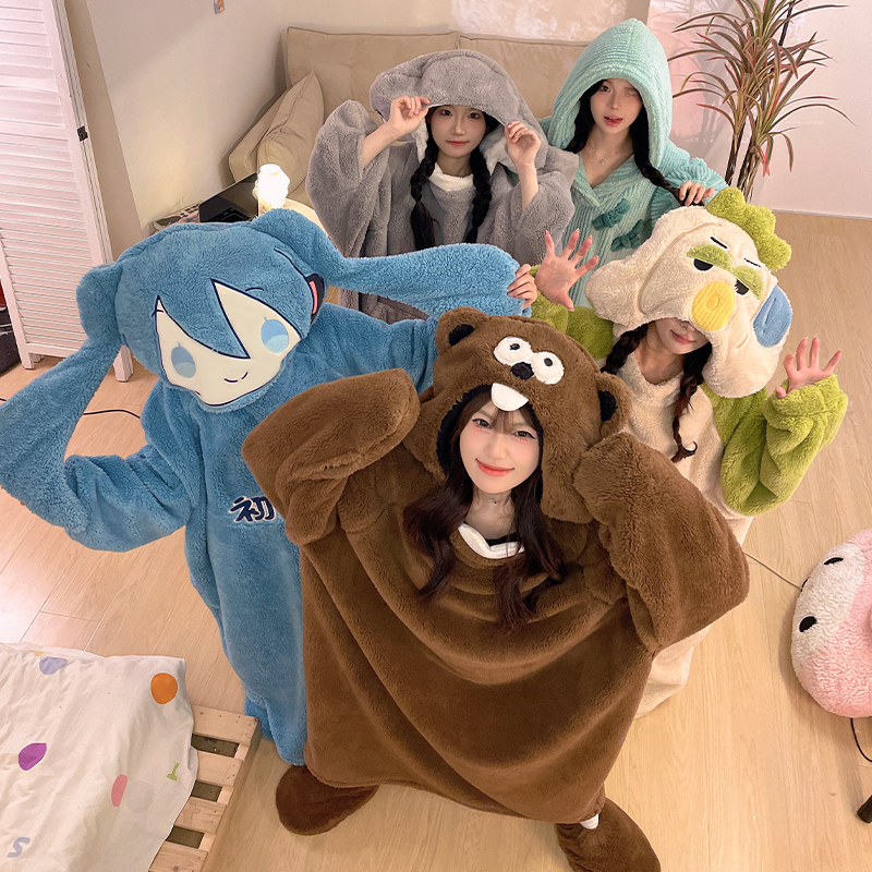 秋冬季可爱搞怪卡通少女珊瑚绒连帽连体睡裙女睡衣加绒睡袍家居服