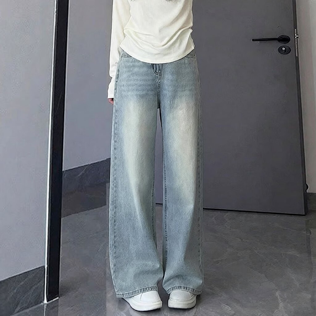 浅色阔腿牛仔裤女高腰秋季新款大码胖mm宽松显瘦梨形身材直筒裤子