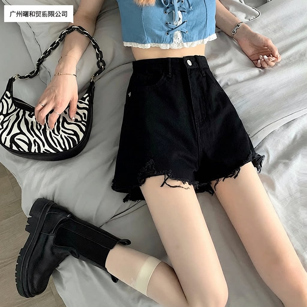 黑色牛仔裤短裤女夏季新款韩版破洞高腰显瘦热裤辣妹阔腿裤子
