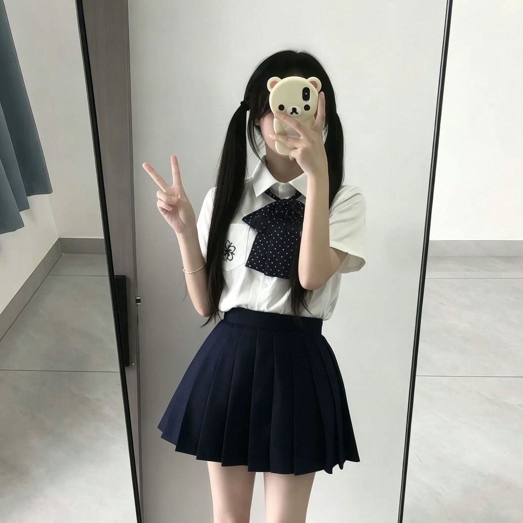 学院风日系新款JK穿搭百搭白色樱花衬衫叠穿绀色百褶裙软妹套装女
