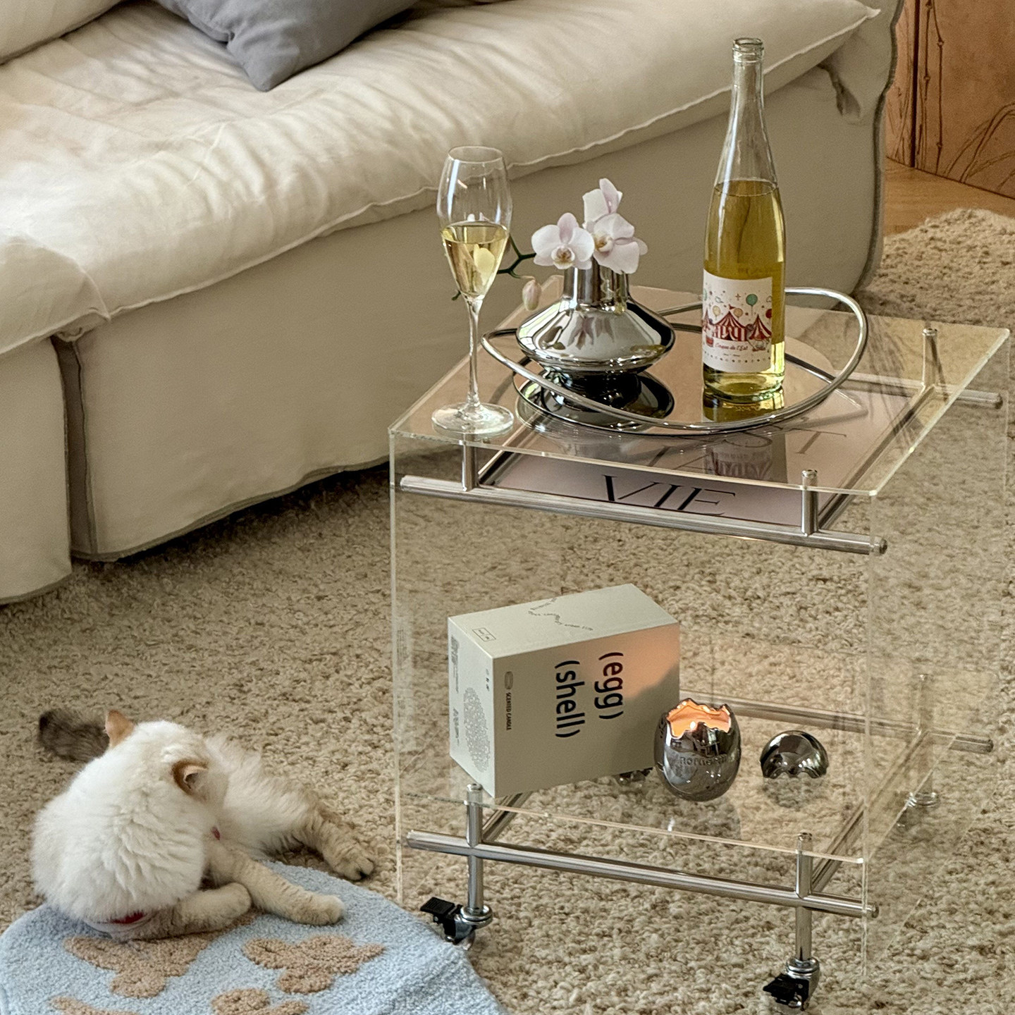 中古亚克力透明小茶几轻奢高级感移动推车北欧沙发边几创意床头柜