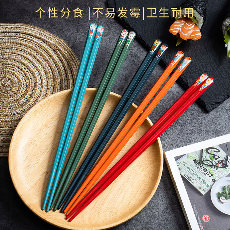 厨房餐桌饭店家庭卡通5色5双合金筷子家用多彩五色分食筷子