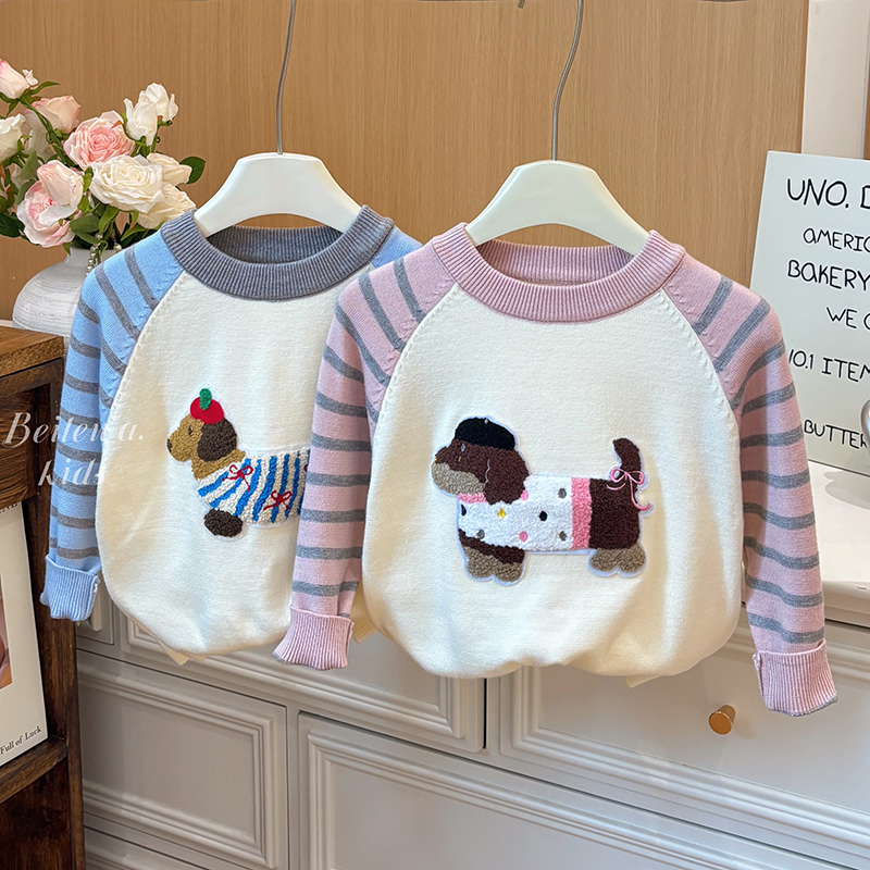 新款儿童毛衣秋季宝宝休闲时尚上衣洋气儿童针织衫卡通撞色上衣潮