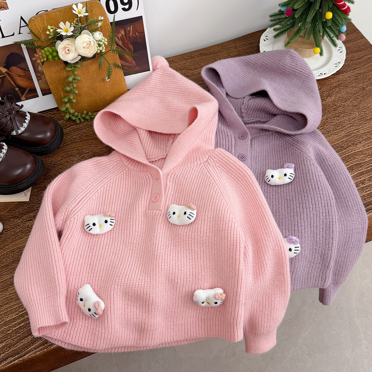 秋冬季女童连帽毛衣针织衫