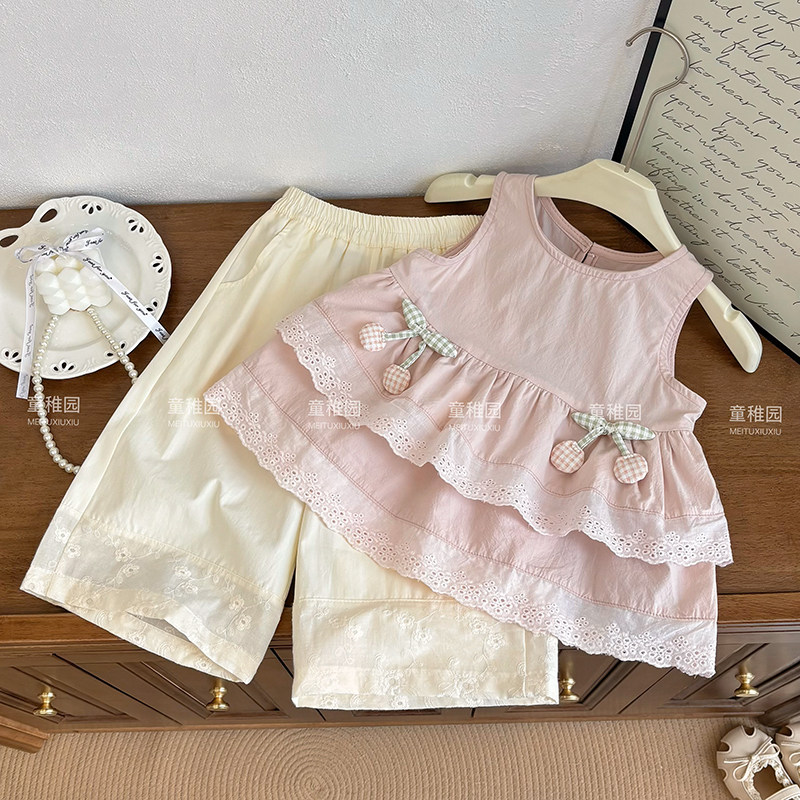 女童夏季新款套装洋气无袖娃娃衫上衣女宝宝时髦阔腿休闲裤两件套