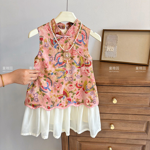休闲时尚 女童新款 上衣中式 碎花套头少女风女连衣裙唐装 中国风夏季