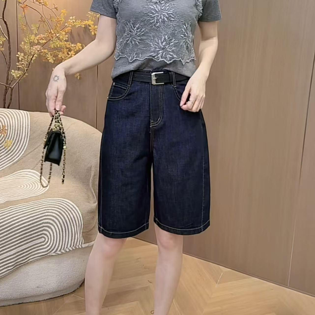 有弹力薄料牛仔蓝五分裤女2025夏季新款时尚休闲百搭宽松直筒短裤