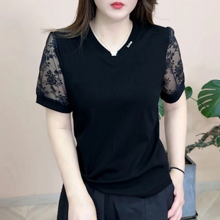 设计感V领蕾丝拼接短袖 宽松纯色百搭显瘦上衣 T恤女2025夏新款 时尚