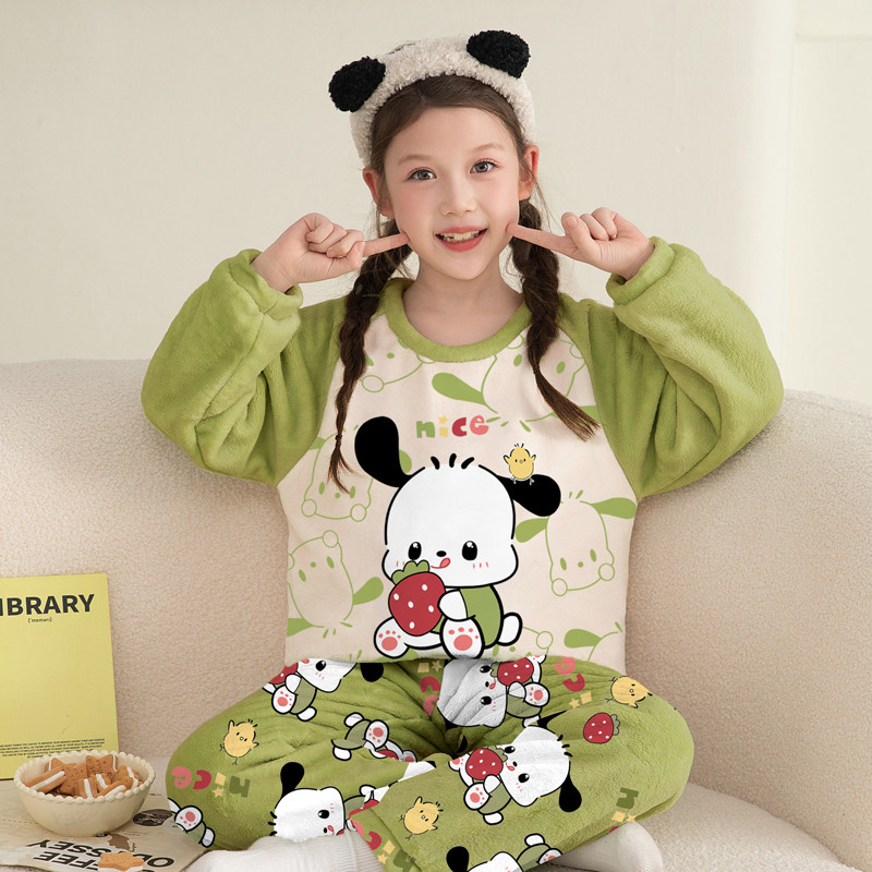 女童法兰绒睡衣草莓帕恰狗毛绒母女装宝宝珊瑚绒秋冬季家居服套装