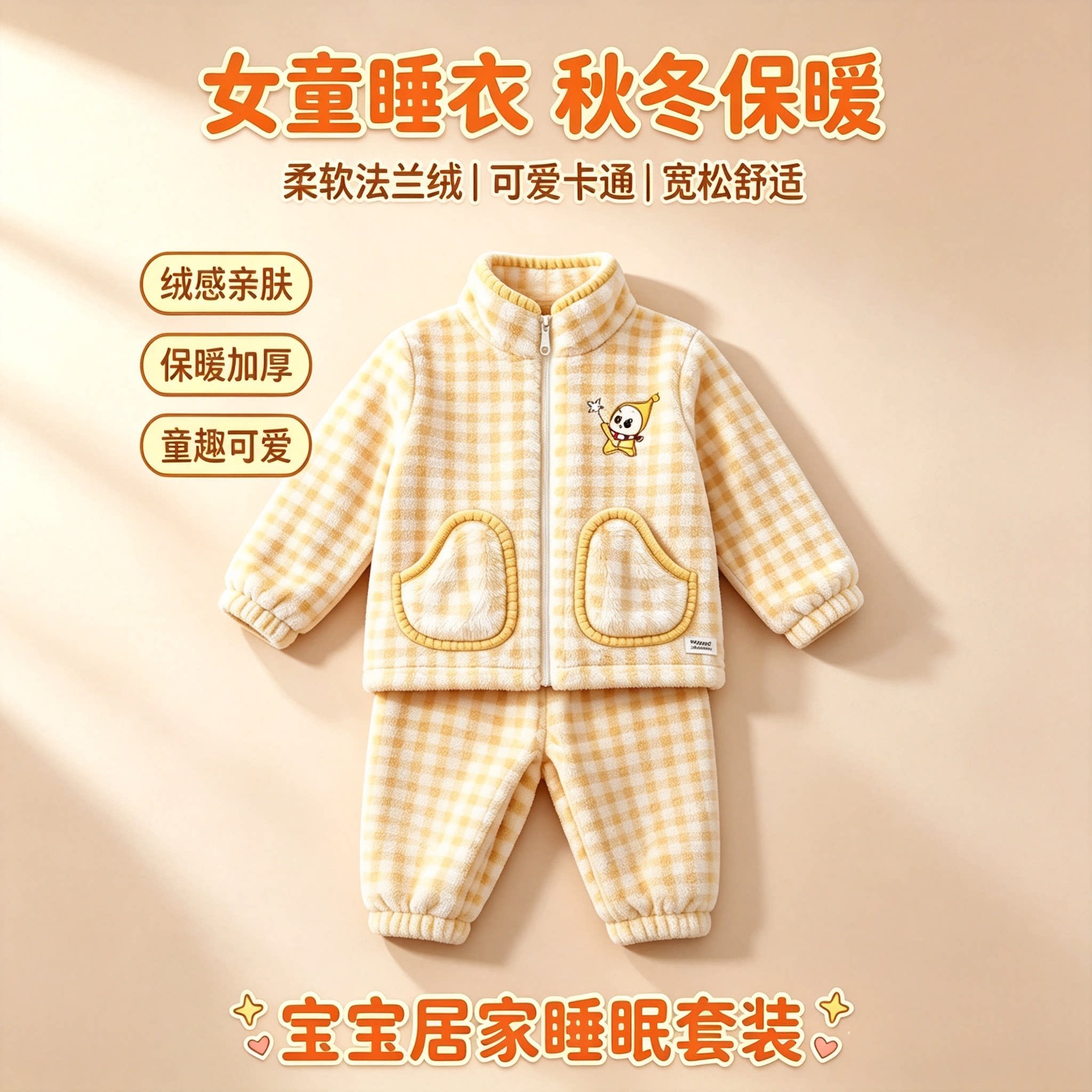 女童睡衣秋冬季法兰绒保暖星星人
