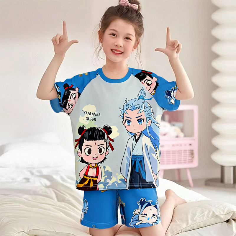 女童睡衣可爱哪吒敖丙夏季短袖高端冰丝凉快母女装空调家居服套装