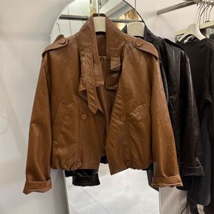 机车夹克加薄棉上衣冬 复古立领双排扣皮衣外套女短款 2025秋季 新款