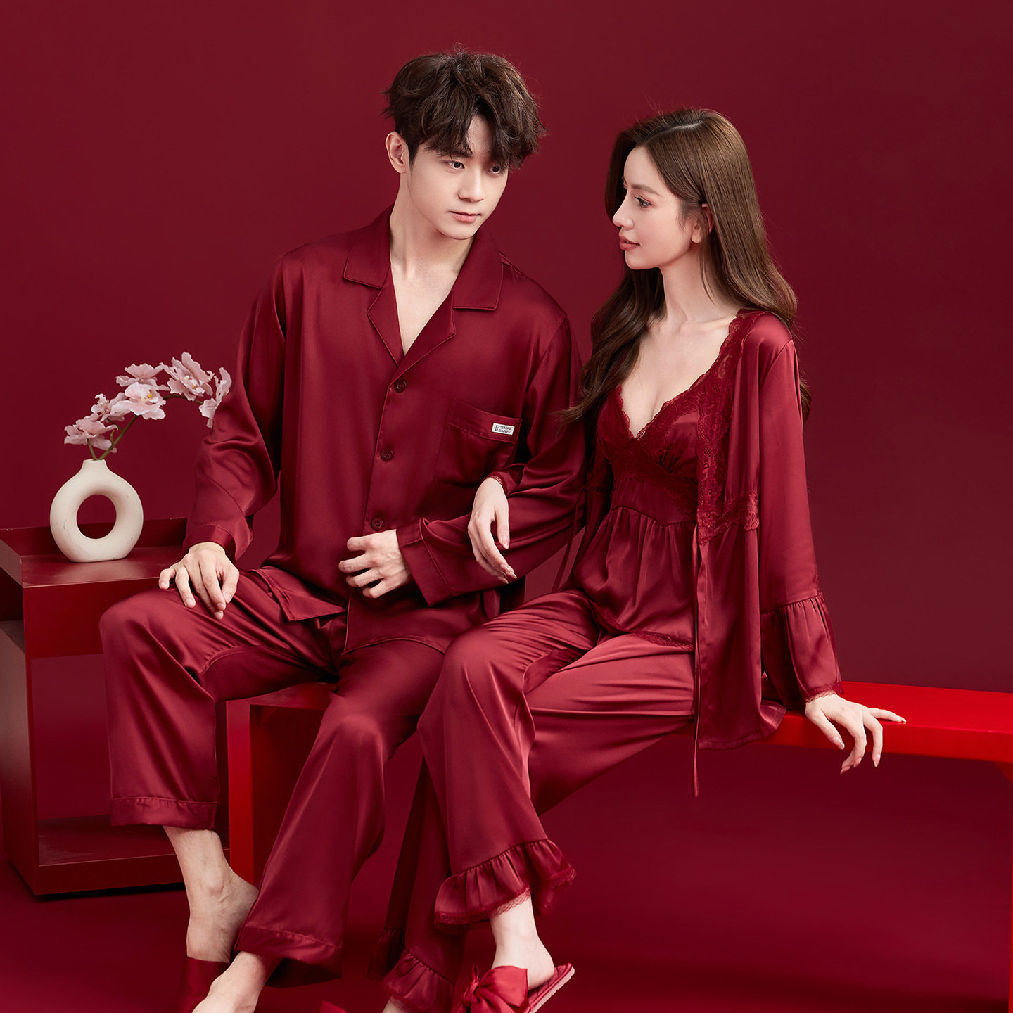 睡衣情侣结婚新婚红色男女冰丝吊睡衣/家居服套装