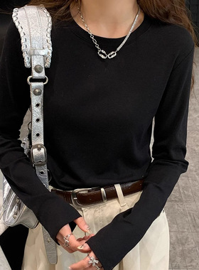 300g圆领白色内搭长袖打底衫t恤女春秋宽松纯棉百搭体恤上衣