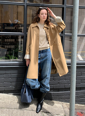 moxi 十三行女装2025秋季新款韩系感翻领长款女式风衣外套女