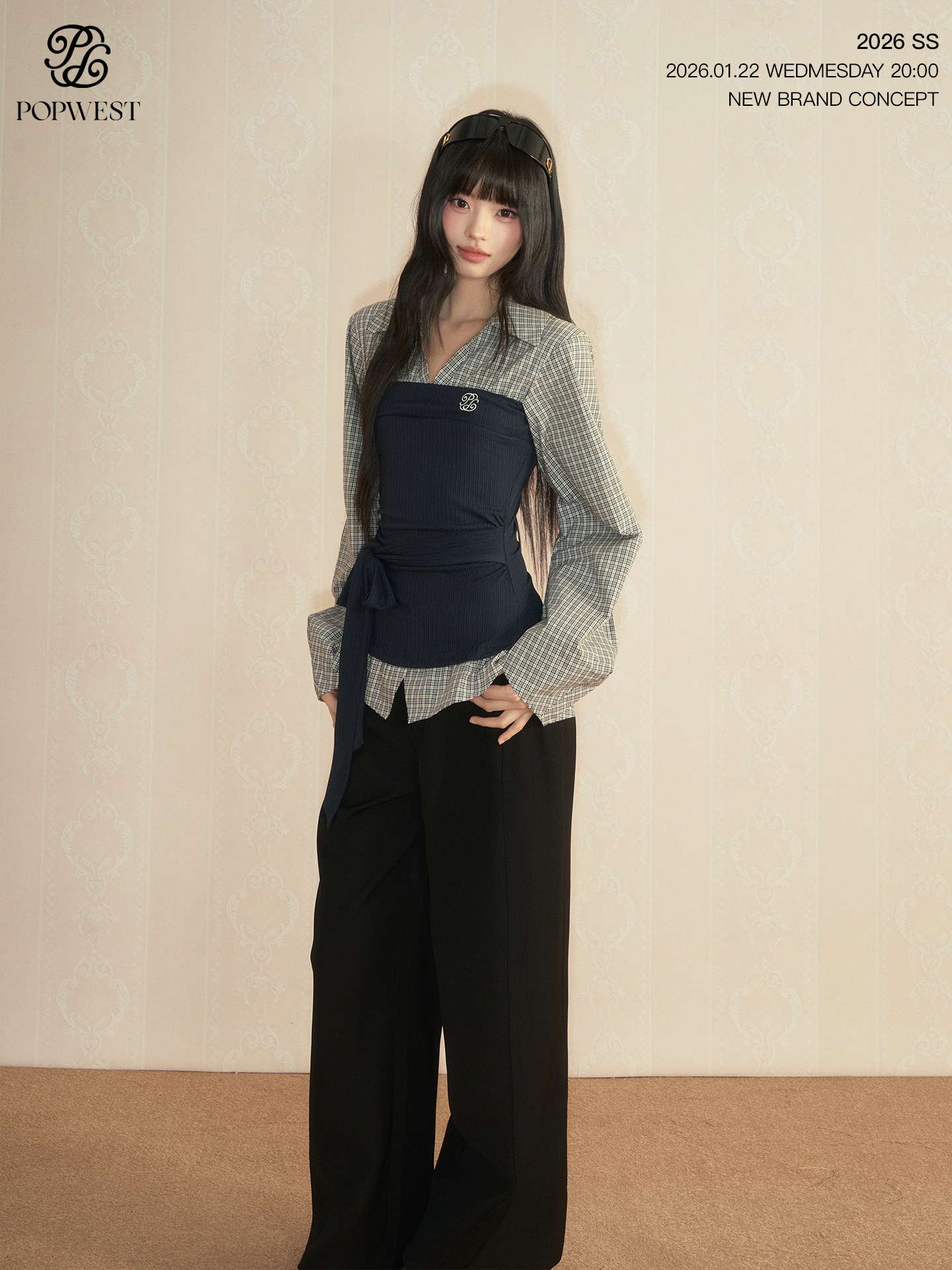 POPWEST Pink Plaid Layered-Look Wide-Leg Pants