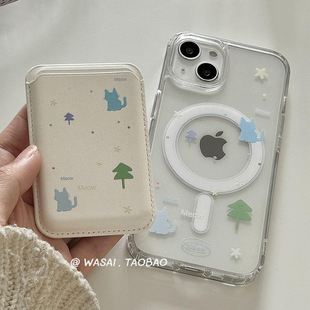 WASAI哇噻 韩国ins小众设计可爱猫咪插画磁吸卡包皮革适用iphone17苹果16手机壳15promax新款透明亚克力13/14