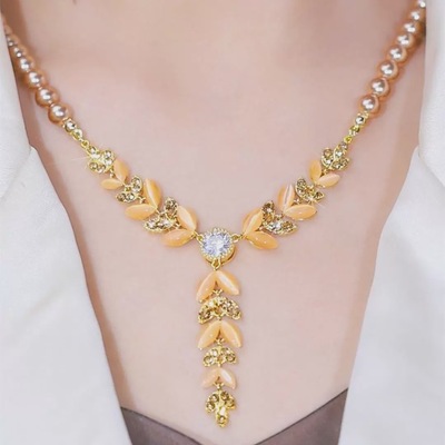 粉色猫眼石麦穗毛衣链秋冬不掉色