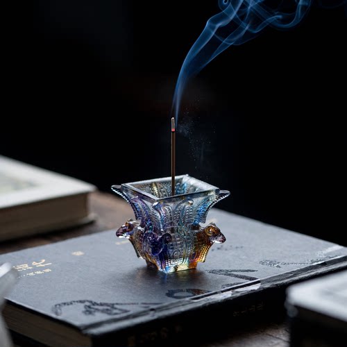 古法琉璃四羊方尊手工线香插炉