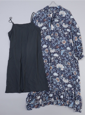 品牌清仓216碎花雪纺连衣裙两件套装78600飘带领灯笼袖宽松长裙+