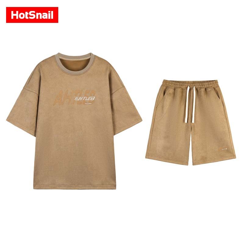 hotsnail麂皮绒短袖t恤男夏季潮流青少年美式复古情侣款运动套装