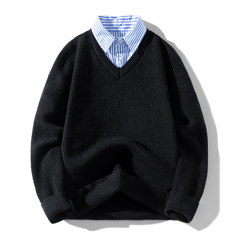2025新款春秋季帅气毛衣翻领情侣款学生潮流针织衫男士宽松上衣
