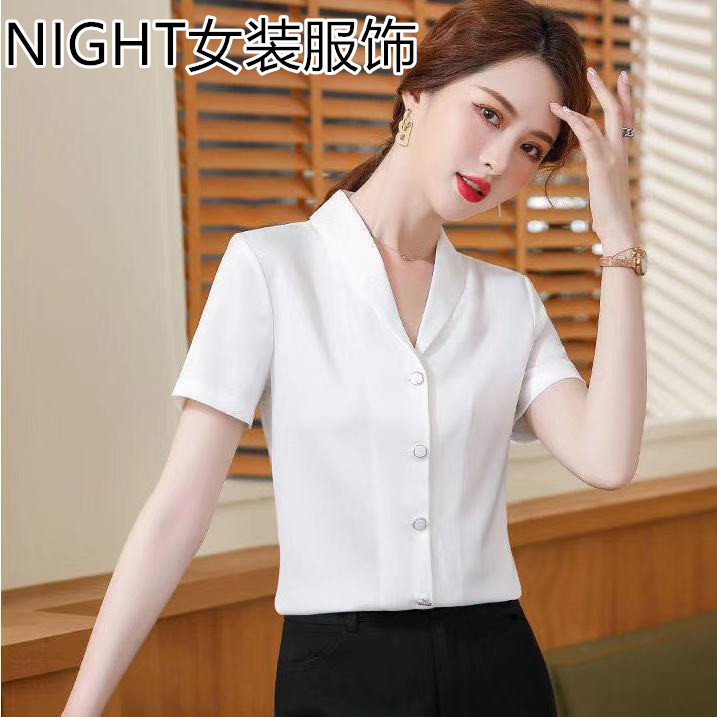 缎面红色衬衫女短袖v领上衣夏季新款2023年醋酸绸缎时尚洋气衬衣