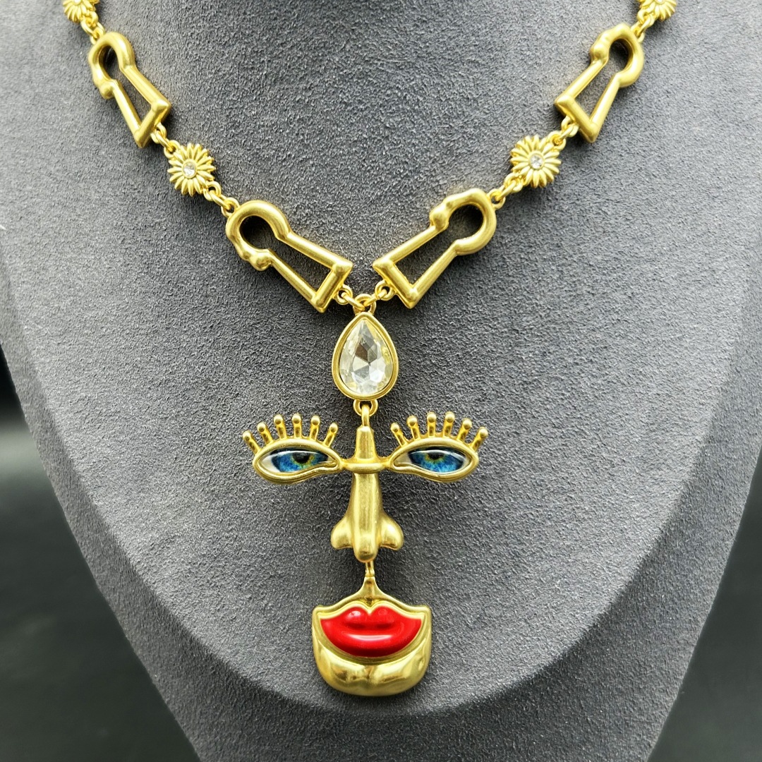 中古Vintage西洋复古红唇鼻眼打标项饰925电镀真金立体感设计项链