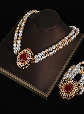 青岛复古宫廷风电镀镶嵌莱茵石珍珠项链多层首饰套装