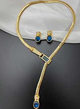 中古vintage简约蛇骨Y型琉璃项链复古铜镀金锁骨链蓝色项链耳钉