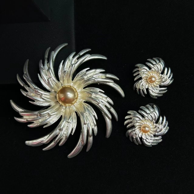 中古vintage 复古西洋达标珍珠 烟花莫奈杂志款法式耳环胸针套装
