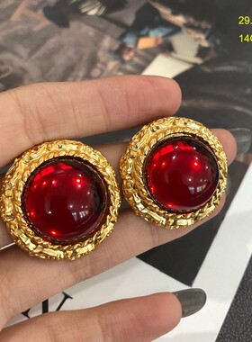复古宫廷电镀真金中古耳饰红色大琉璃重工款轻奢绿色银针耳钉耳夹