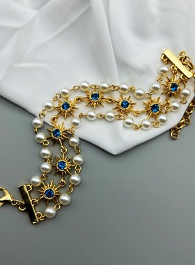 复古多排电镀真金六芒星镶钻设计感百搭气质珍珠手链