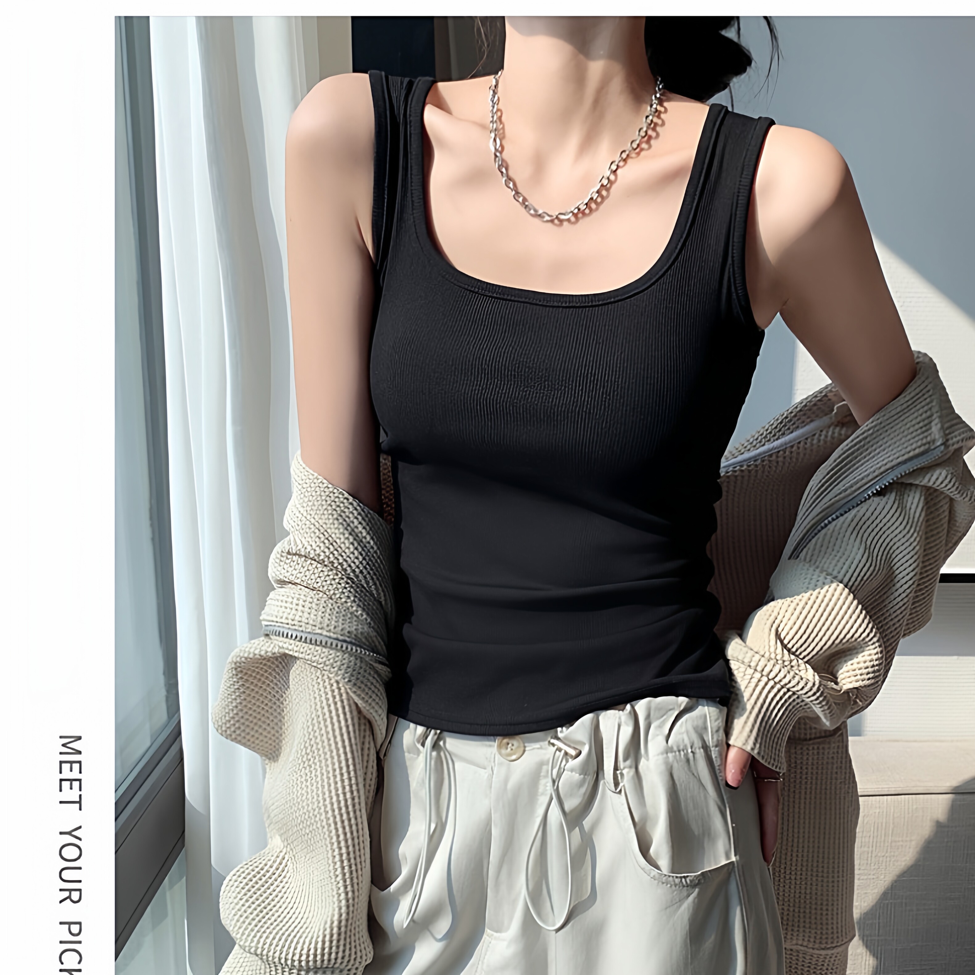 Threaded Square-Neck Camisole for Women, White, Plus Size, Slim Fit, Suitable for Outerwear or as an Inner Layer, Sleeveless, Versatile Camisole That Covers Side Breasts