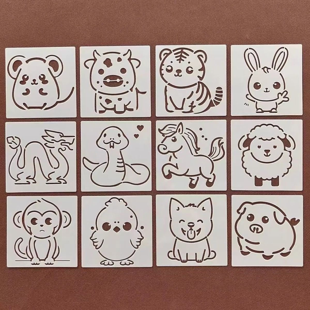 十二生肖可爱卡通绘画模板小动物喷涂绘画镂空模板手账辅助模板