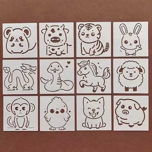 十二生肖可爱卡通绘画模板小动物喷涂绘画镂空模板手账辅助模板