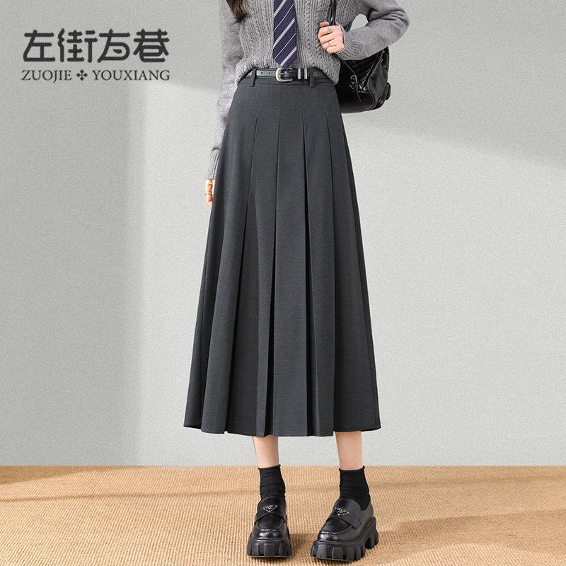 灰色西装半身裙女2026春季中长新款学院风小个子高腰a字百褶裙子