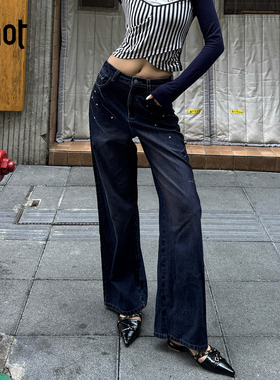 uhot/诱货深蓝色烫钻牛仔裤慵懒植绒宽松直筒阔腿新款 UWWA2K664M