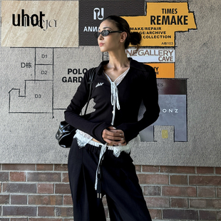 uhot/诱货黑色翻领拼蕾丝假两件上衣假两件针织衫开衫 UWWA3N687M