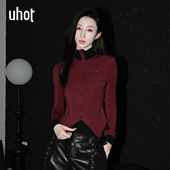 uhot UWWW5N452 上衣秋冬质感穿搭 诱货酒红 灰白色拼接假两件衬衫