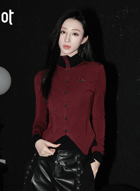 uhot/诱货酒红/灰白色拼接假两件衬衫上衣秋冬质感穿搭 UWWW5N452