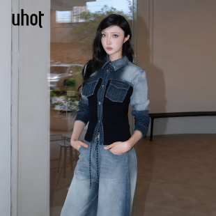UWWA1W629M 复古新款 uhot 诱货黑灰渐变拼接水洗牛仔外套休闲经典